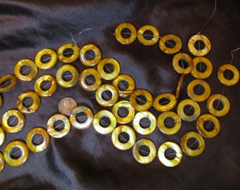 One Rich Golden Brown Mother of Pearl Strand-25mm round donut shapes- MOP/ Shell Beads
