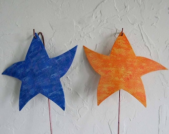 Metal garden art dancing star stakes - Whimsical recycled metal garden /porch decor purple orange yellow 8" x 8"