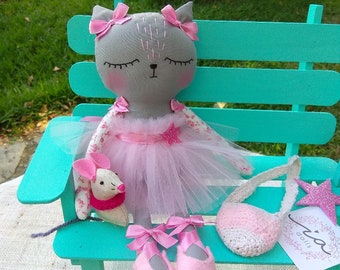 Cat ballerina whit mouse, 30 cm, 100% handmade