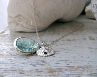Aquamarine Necklace Sand Dollar Necklace Erinite gemstone 925 Sterling Silver Erinite Jewelry Beach Wedding Beach jewelry march birthstone