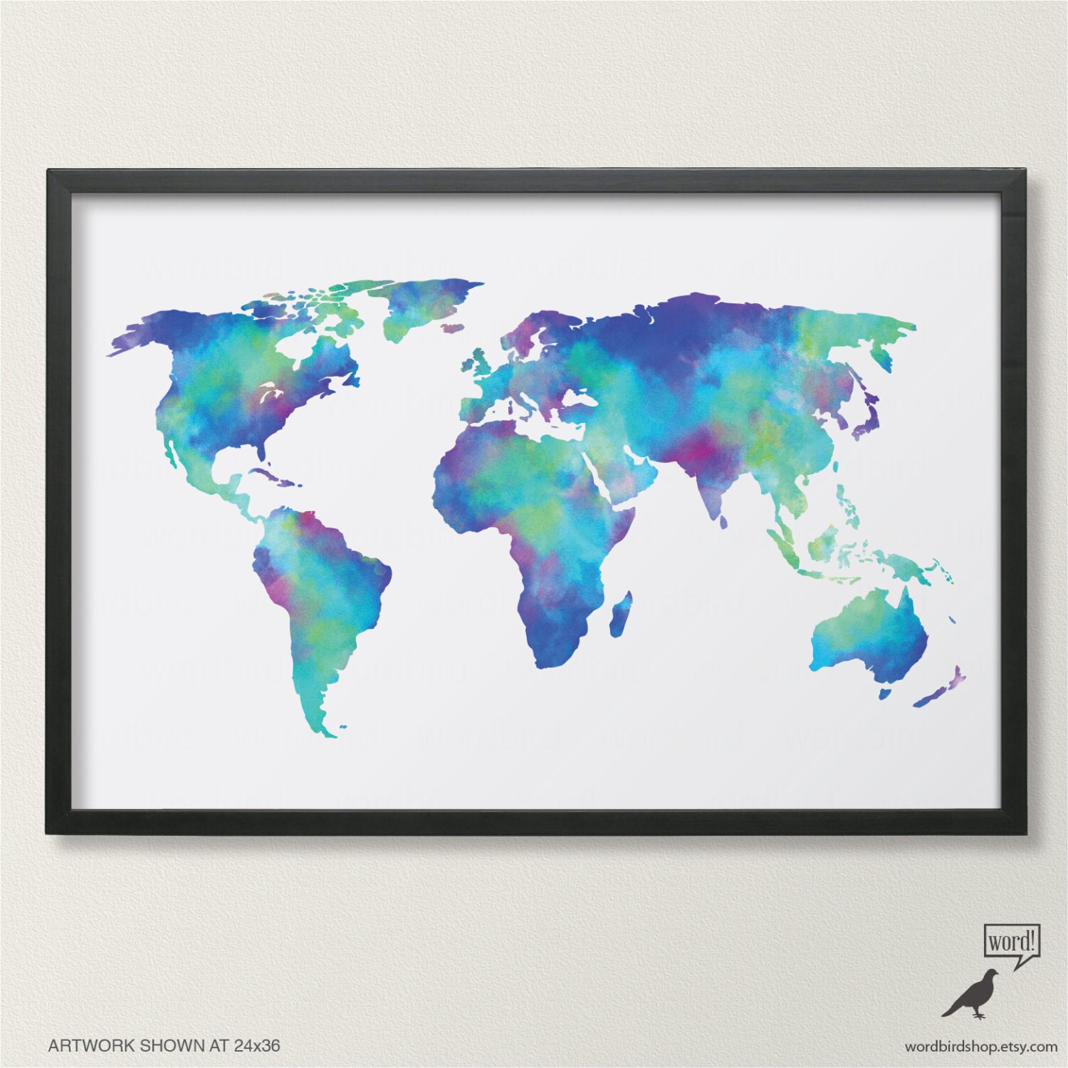 Watercolor Map Of The World In Navy Blue Indigo Teal Cobalt
