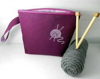 Purple Knitting bag, Crochet project bag, small project bag, knitters gift, knitting zipper pouch, knitting bag, gift for knitter