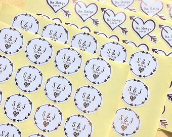 Real Foil Wedding Stickers - Personalised, Custom. Perfect for invitations, thank you cards, stationery. Choice of Colours and Shapes.