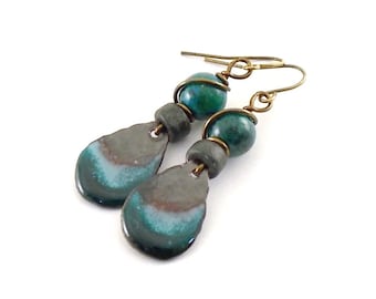Handmade Rustic Turquoise Earrings, Enameled Earrings, Teardrop Earrings, Artisan Earrings, Brass Earrings, Boho Earrings, Small, AE118