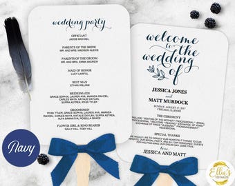 Wedding Fans, Printable Wedding Fan Program Template, Fan Wedding Program, Editable text, Modern Calligraphy, Mr Mrs, NAVY 009