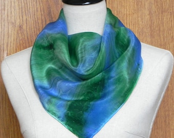 Square silk scarf hand dyed in shades of blue & green, ready to ship, crepe silk scarf