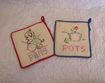 Set of Vintage Pot Holders Hand Stitched