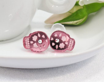 Pink Mirror Acrylic Etched Sugar Skull Stud Earring with Swarovski Crystal