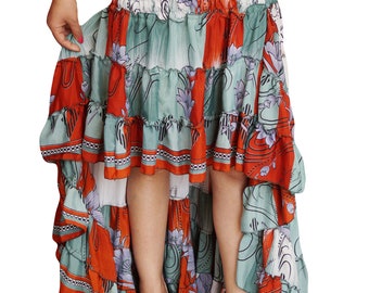 Red Gray Full Flared High Low Skirt Swing Asymmetrical Tiered Summer Fun Peasant Festival Skirts S/M