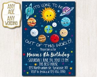 4th Birthday invitation, Space Theme invitation, Solar System invitation, Sun Theme, Moon, Planets, ANY AGE - 1671