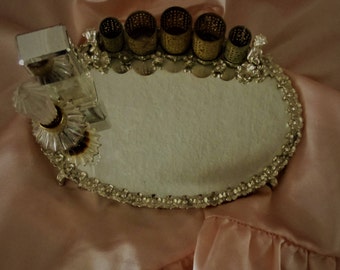 Mirrored Vanity Tray with filigree lipstick holder, perfume makeup tray vintage decor