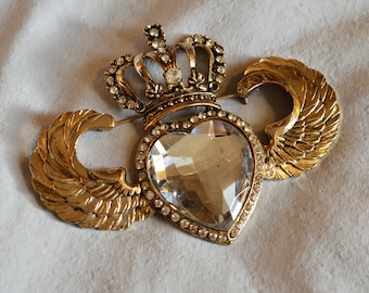 Vintage R Serbin Brooch - 1980s, Antique Gold Metal, Crown, Heart, and Wings, Runway Brooch, Runway Jewelry