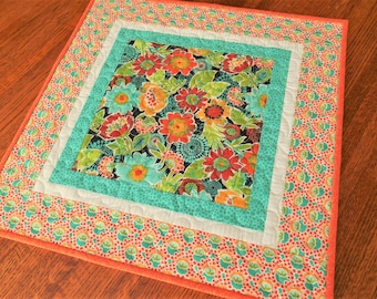 Bright Flower Table Topper in Orange Red Turquoise, Quilted Square Table Topper, Small Tablecloth, Modern Floral Table Runner