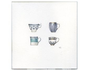 Small Realistic Blue & Grey Tea Cups Watercolor Painting