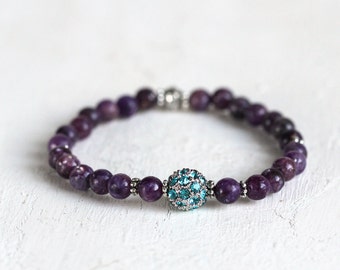 Gemstone Crystal Pave Bracelet - Purple Gemstone Bracelet - Lepidolite Bracelet - Purple and Turquoise Bracelet - Pave Stretch Bracelet