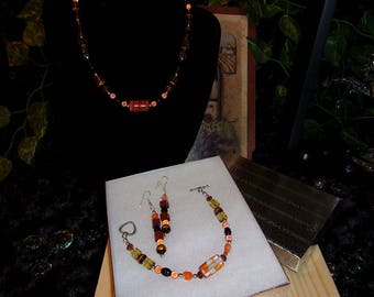 Beaded Jewelry Set, Necklace, Bracelet, Earrings, Fall Colors