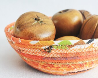 Fabric Coiled Basket / Coiled Clothesline Bowl / Rope Basket / Fabric Pottery / Orange Bohemian Medium Round by PrairieThreads