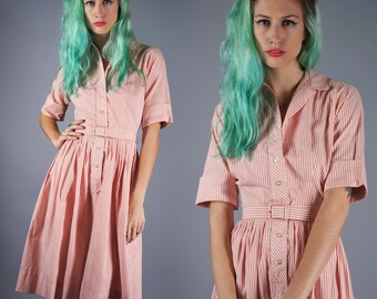 50s Striped Dress Red and White Dress 1950s Casual Dress Cotton Day Dress Candy Striper Dress Vertical Stripe