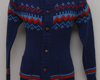 Vintage men's blue and red wood button cardigan/ Vintage men's blue cardigan/ National
