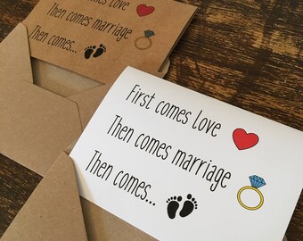Pregnancy Announcement Cards, First Comes Love then Comes Marriage, Brown Kraft Card, Vintage Rustic Style