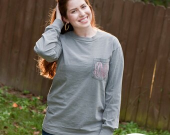 Monogrammed Comfort Colors Long Sleeve Pocket Tee | Long Sleeved monogrammed t shirt | Comfort Colors monogram shirt t shirt personalized