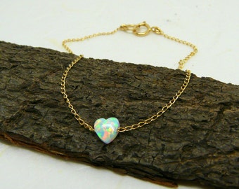 Tiny heart bracelet, Opal bracelet, White heart bracelet, Minimalist jewelry, Simple bracelet, Everyday bracelet, Delicate jewelry