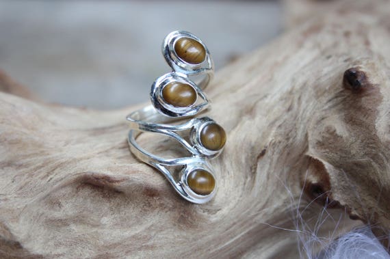 4 Stone Tigers Eye Ring - ADJUSTABLE - 925 Sterling Silver Ring - Statement Ring - Healing Crystal - Crystal Jewellery - Gift - Vintage Ring
