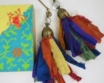 Chain Pull Pair for Ceiling Fan or Light, Sari RibbonTassle Fan Pull with Crystal Accents and Antiqued Brass Tulip Cap