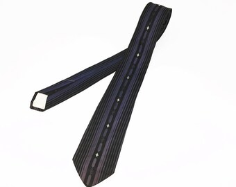 1950s Men's Vintage Skinny Tie Mid Century Modern Mad Men Era Black & Purple Sharkskin Necktie with embroidered star designs
