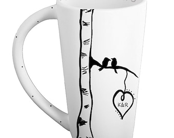 Birch tree initials mug pottery mug bird heart personalized mug love friends wedding gift anniversary custom mug 9th anniversary rustic home