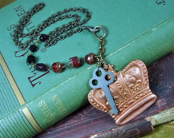 Vintage Copper Crown Key Necklace with Red Beads