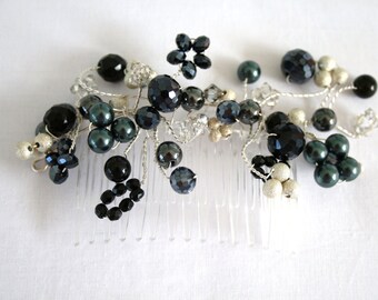 Beaded Bridal Hair Comb, Black and Silver Comb, Prom Comb, Crystal Headpiece