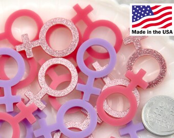 Venus Symbol Charms - 30mm Pink Female Venus Girl Symbol Glitter Acrylic or Resin Cabochons - 9 pc set