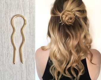 Small Lightweight Brass Hair Pin, Brass Bun Holder, Handmade Brass Hair Fork, Simple Minimalist Hair Pick