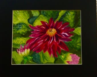 Watercolor print of dahlia matted and ready for framing