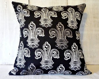 Black Fleur De Lis Pillow Cover - French Cottage Decor - 14x14, 16x16, 18x18, 16x20
