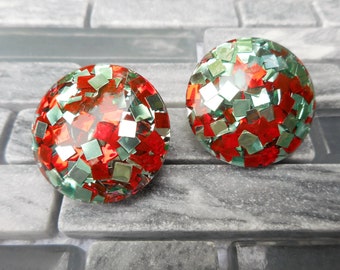 Retro Vintage Clip Earrings Red Silver Chiclet Squares