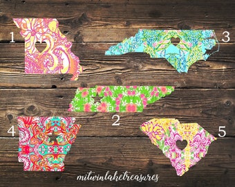 Lilly Inspired City & State Decal / Missouri, Tennessee, North Carolina, Arkansas, South Carolina / Custom Size, Color / Home State Decor