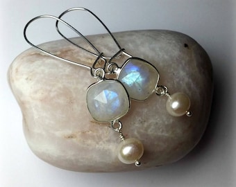 Rainbow Moonstone earrings Silver Bridal earrings Moonstone jewelry Pearl drop earrings June Birthstone earrings Mothers Day Gift For Women