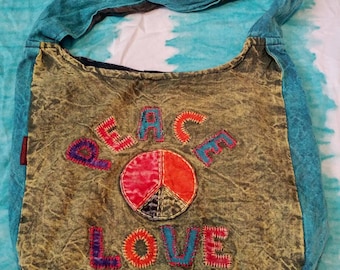 Peace & Love ~ Hippie Shoulder Purse / Bag ~ Stonewashed ~ Hobo Bag ~ Colorful and Embroidered ~ Vintage Style