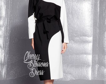 Black and white dress/ Midi dress/ Oversized dress/ Long sleeve dress/ Mid length dress/ Fall dress/ Plus size dress/ Fall dress