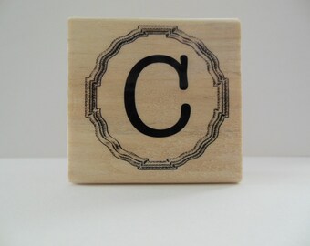 Letter C Rubber Stamp - Gingham Wildflower Collection - Wood Mounted Rubber Stamp - Alphabet Letter C Stamp