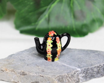 Dollhouse Miniature Teapot, Flower Design Black Teapot