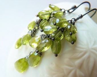Peridot earrings. Dangle earrings. August Birthstone earrings. Wire wrapped. Drop earrings. Peridot cluster earrings. August gift