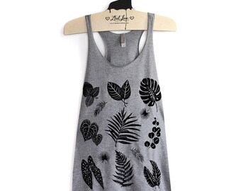 L -Racerback Tank with Plant Leaves Screen Print Tri-Blend Heather Gray