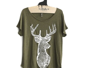 Large - Tri-Blend Olive Dolman Tee with Deer Screen Print-
