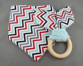 Gift Set - Bandana Dribble Bib and Teething Ring - Celebrate Zig Zag