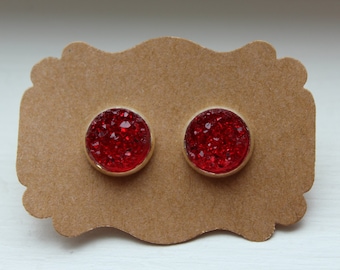 Red Silver Druzy Earrings, Drusy Earrings, Druzy Earrings, Silver Post, Red Druzy Post, Red Druzy Earrings, Post Stud Earrings, 12mm Druzy