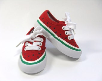 Watermelon Shoes, Picnic Theme Birthday Party, Watermelon Outfit, Hand Painted Red Sneakers For Baby and Toddlers