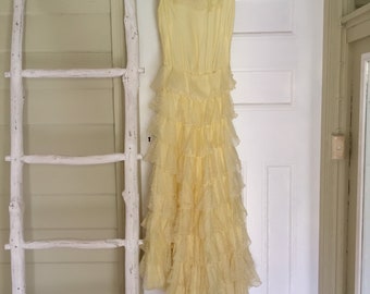 Romantic pale yellow devore multi ruffle dress. 30s style